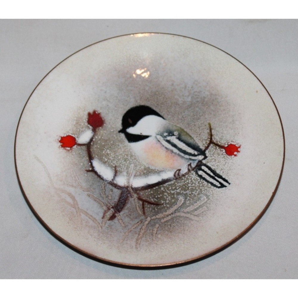 Norman Brumm 6" enamel on copper plate bird on branch snow winter signed